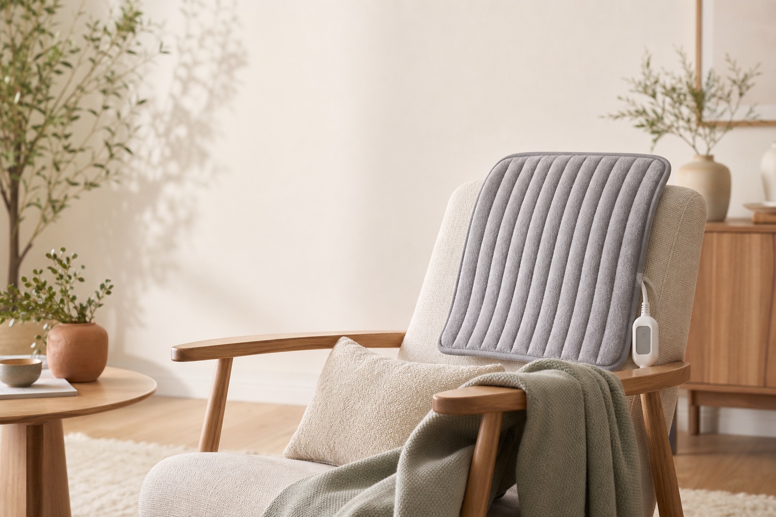 A soft electric heating pad displayed in a calm home interior